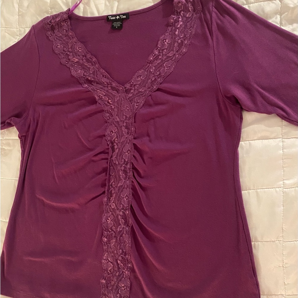 Twist Tees Purple lace-trim top, 3X